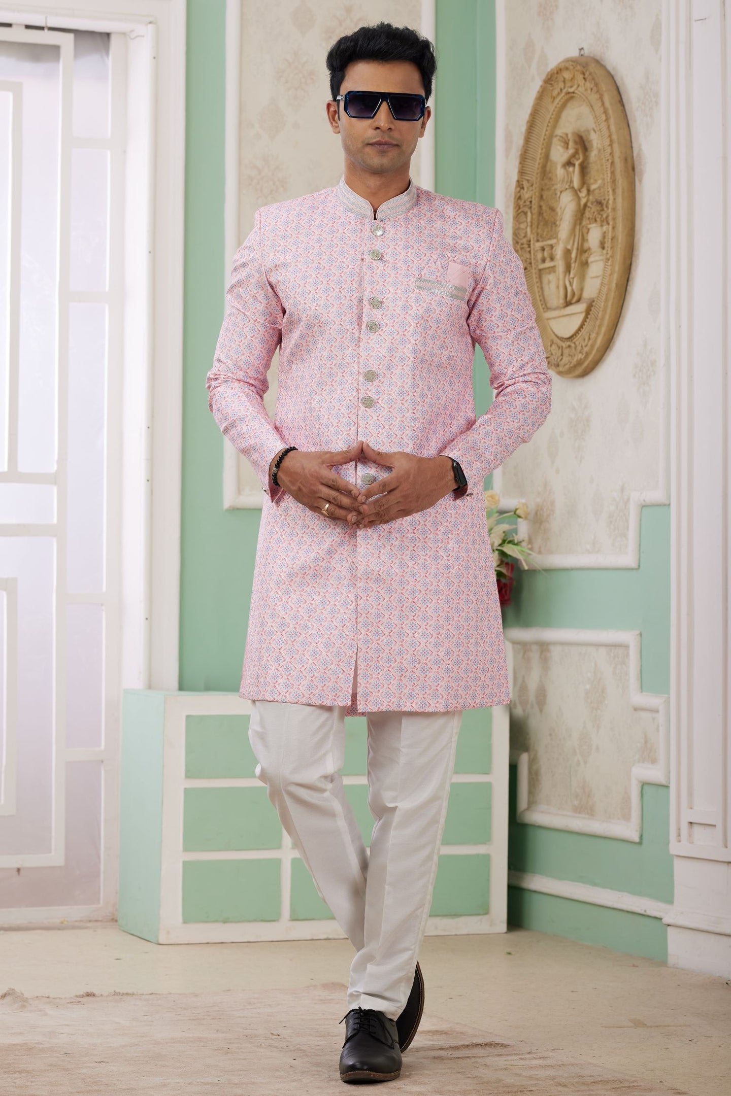 Cream Pink Jacquard Silk Men's Indo Western Clothing with Embroidery Work