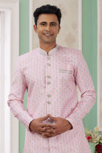 Cream Pink Jacquard Silk Men's Indo Western Clothing with Embroidery Work