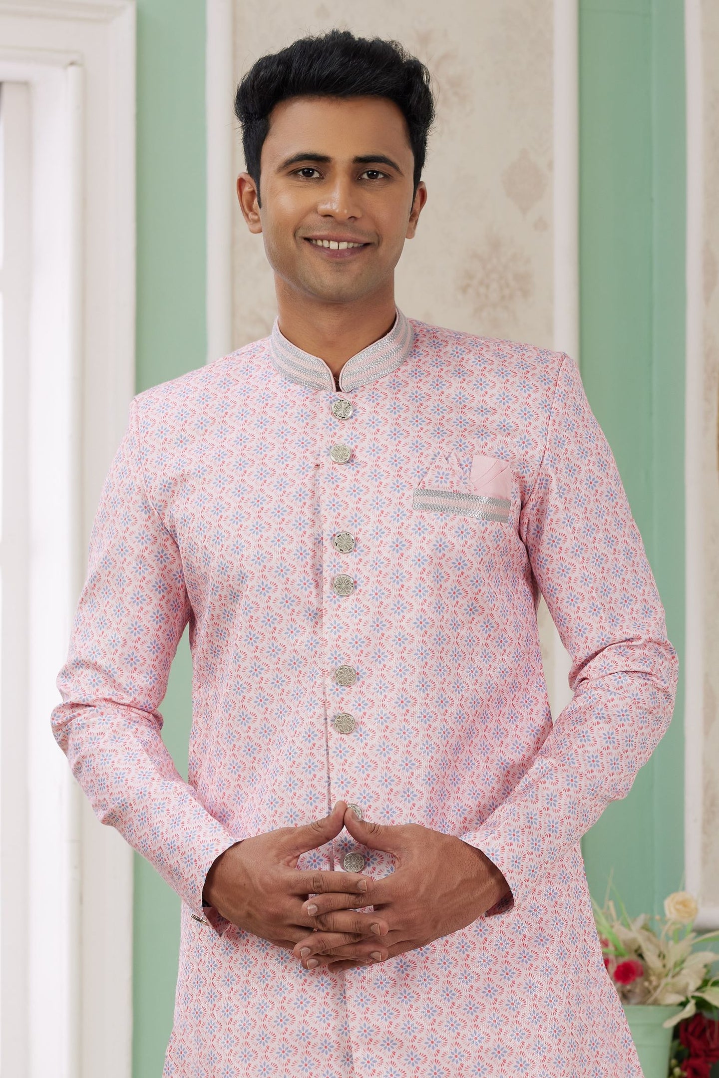 Cream Pink Jacquard Silk Men's Indo Western Clothing with Embroidery Work