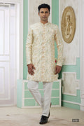 Cream Golden Jacquard Silk Men's Indo Western Clothing with Embroidery Work