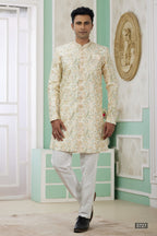 Cream Golden Jacquard Silk Men's Indo Western Clothing with Embroidery Work