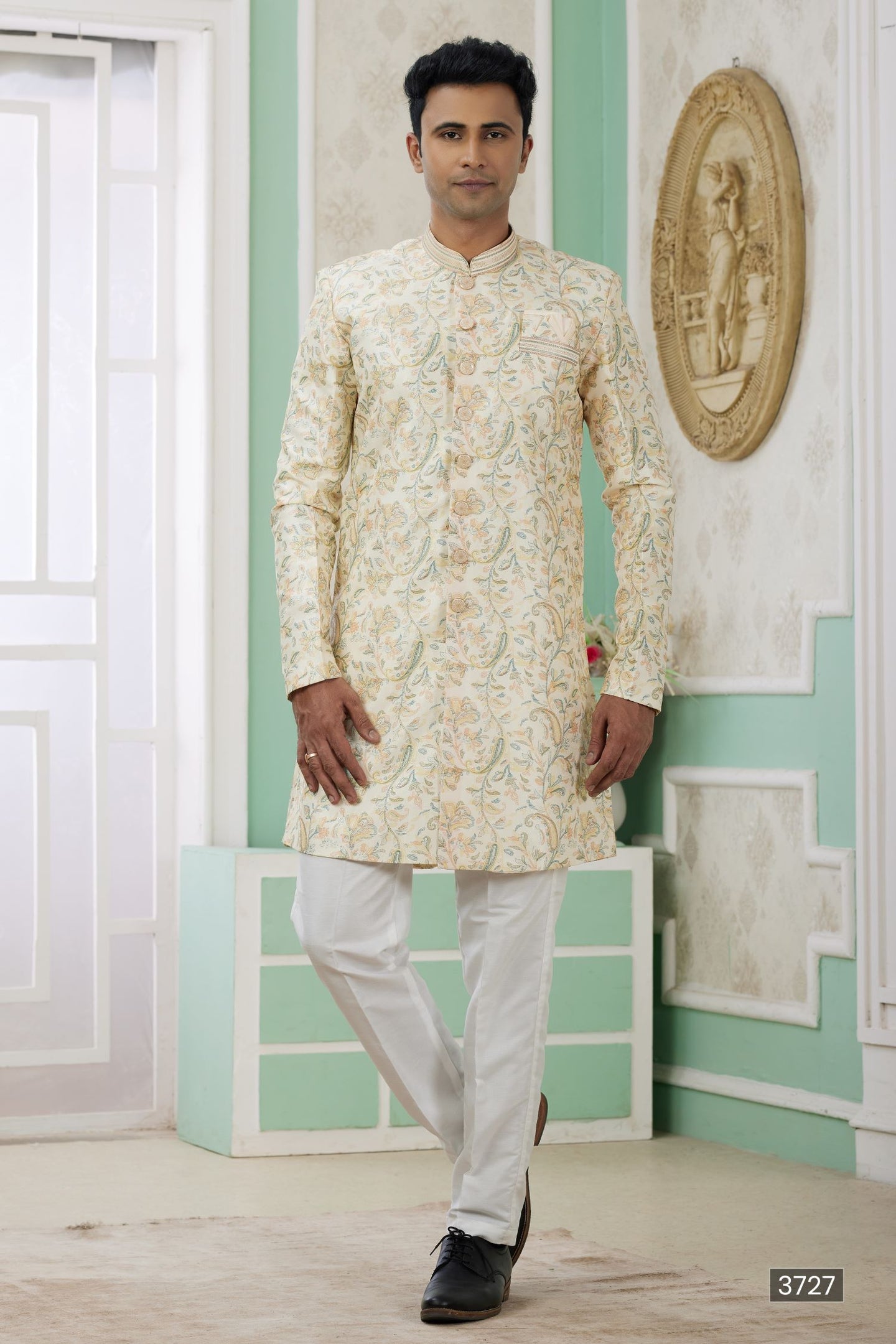 Cream Golden Jacquard Silk Men's Indo Western Clothing with Embroidery Work