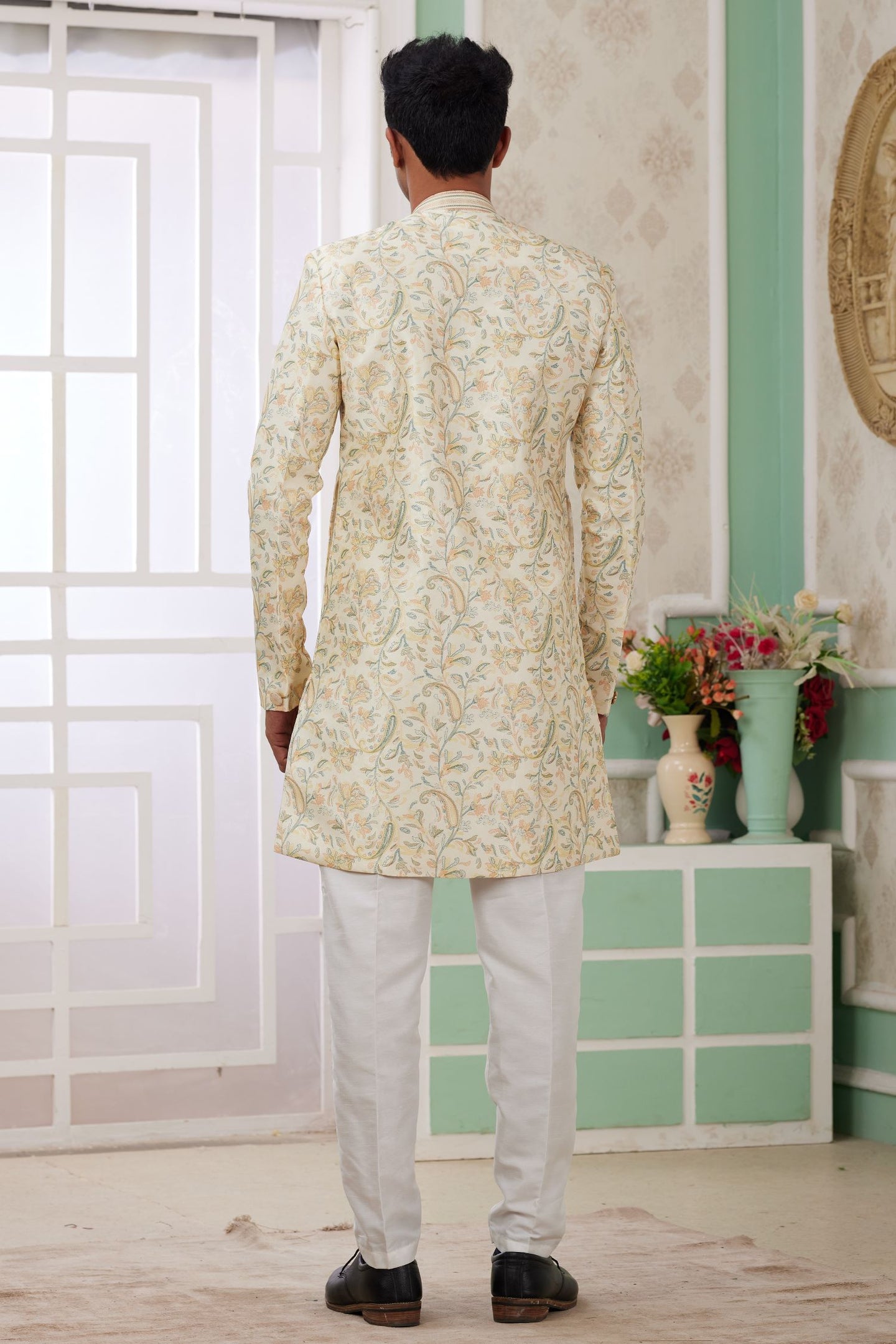 Cream Golden Jacquard Silk Men's Indo Western Clothing with Embroidery Work