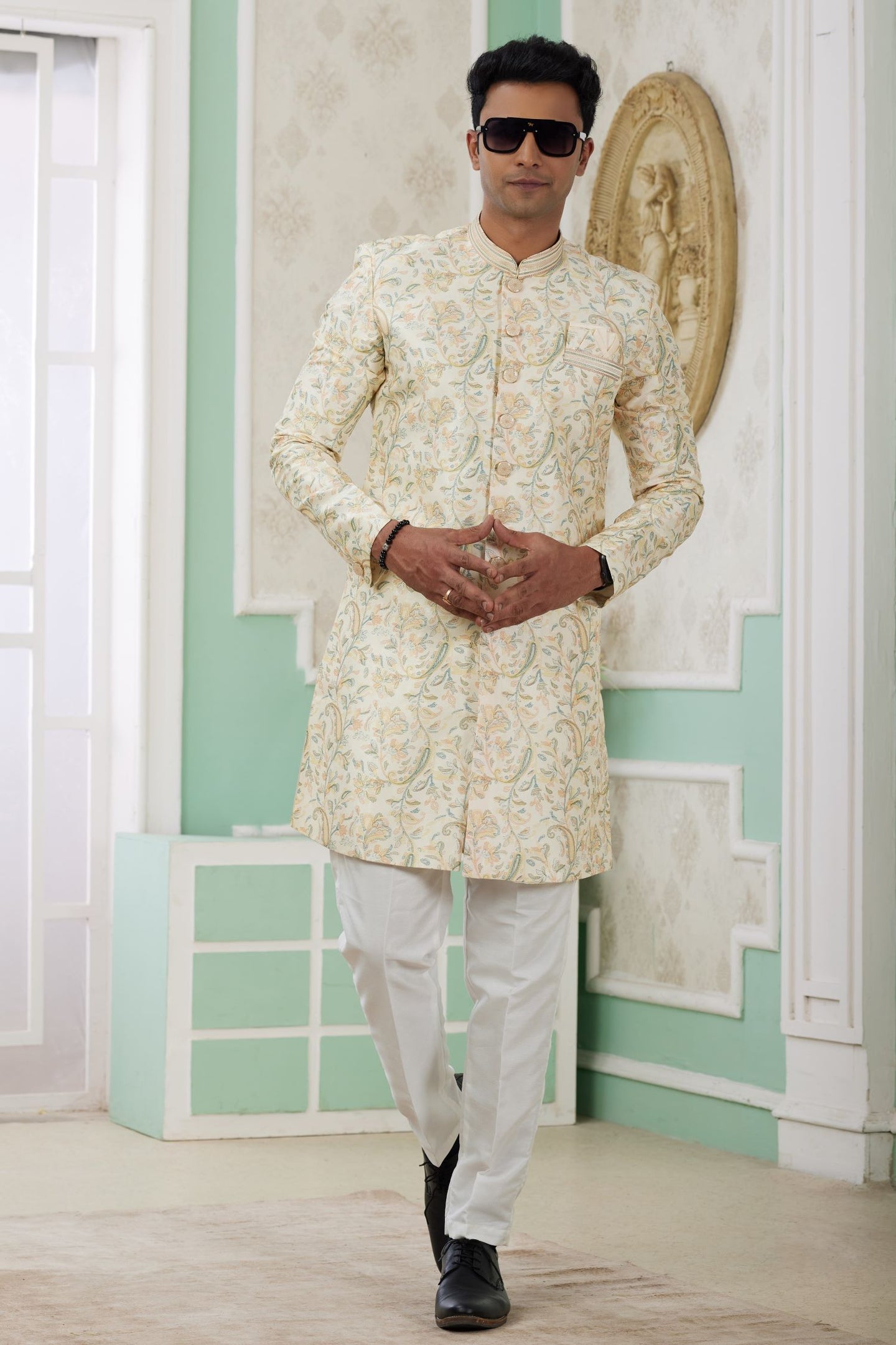 Cream Golden Jacquard Silk Men's Indo Western Clothing with Embroidery Work