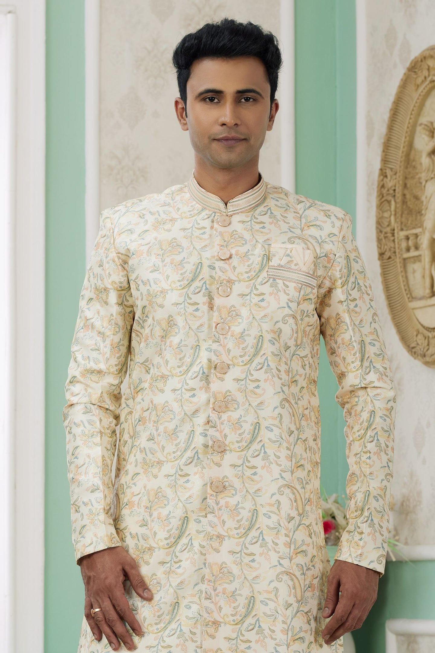 Cream Golden Jacquard Silk Men's Indo Western Clothing with Embroidery Work
