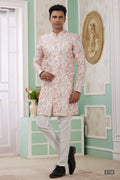 Pale Peach Jacquard Silk Men's Indo Western Clothing with Embroidery Work