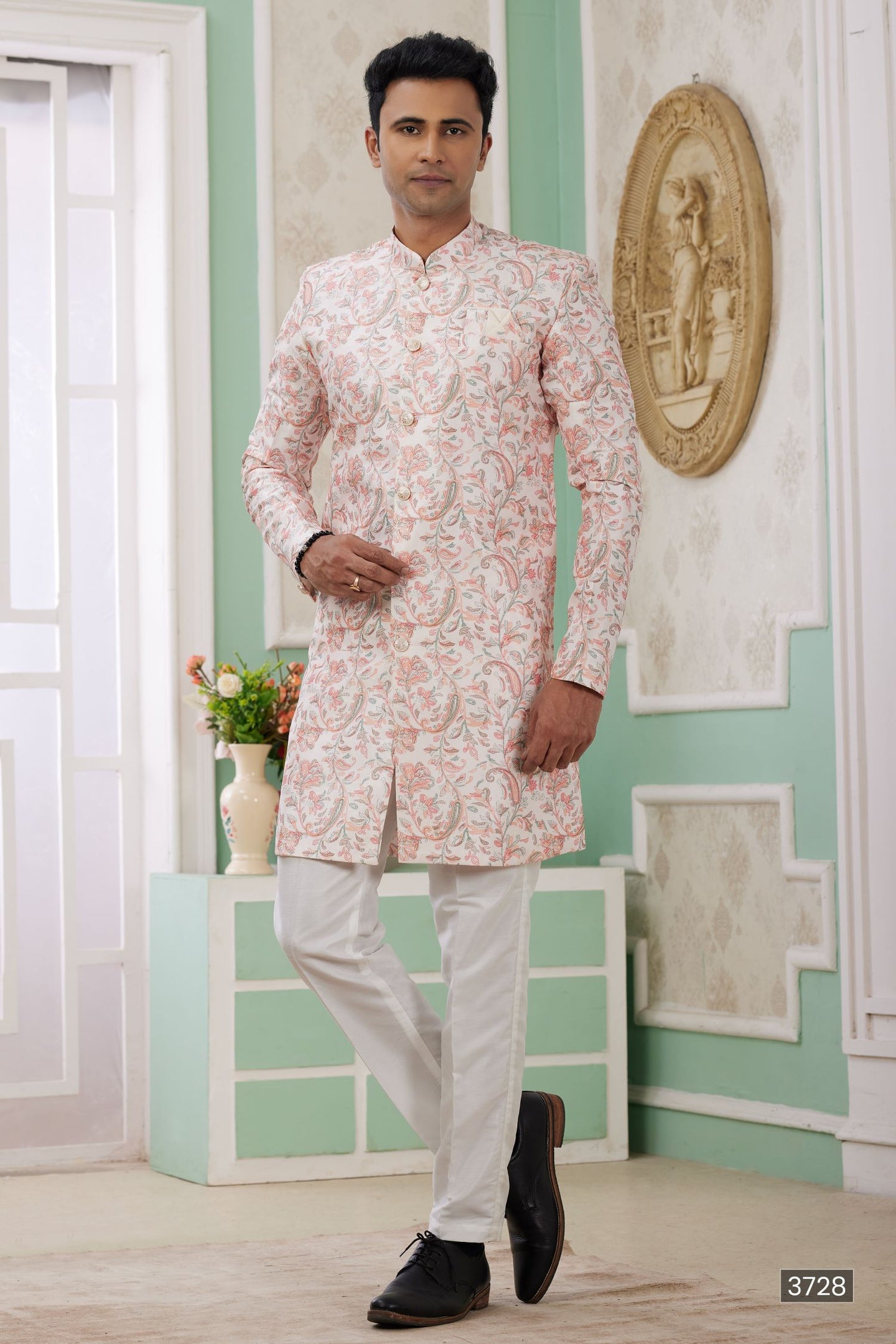 Pale Peach Jacquard Silk Men's Indo Western Clothing with Embroidery Work