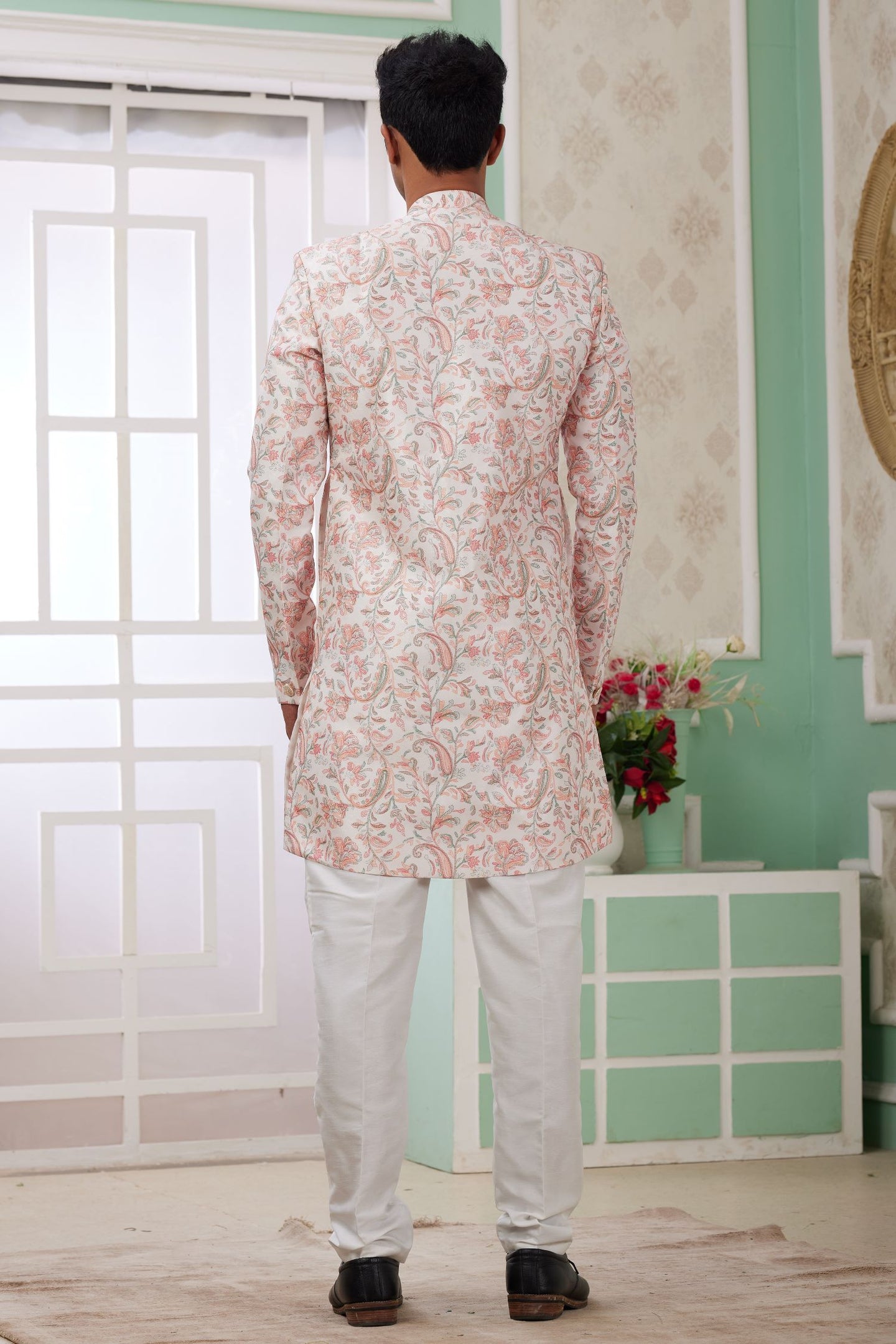 Pale Peach Jacquard Silk Men's Indo Western Clothing with Embroidery Work