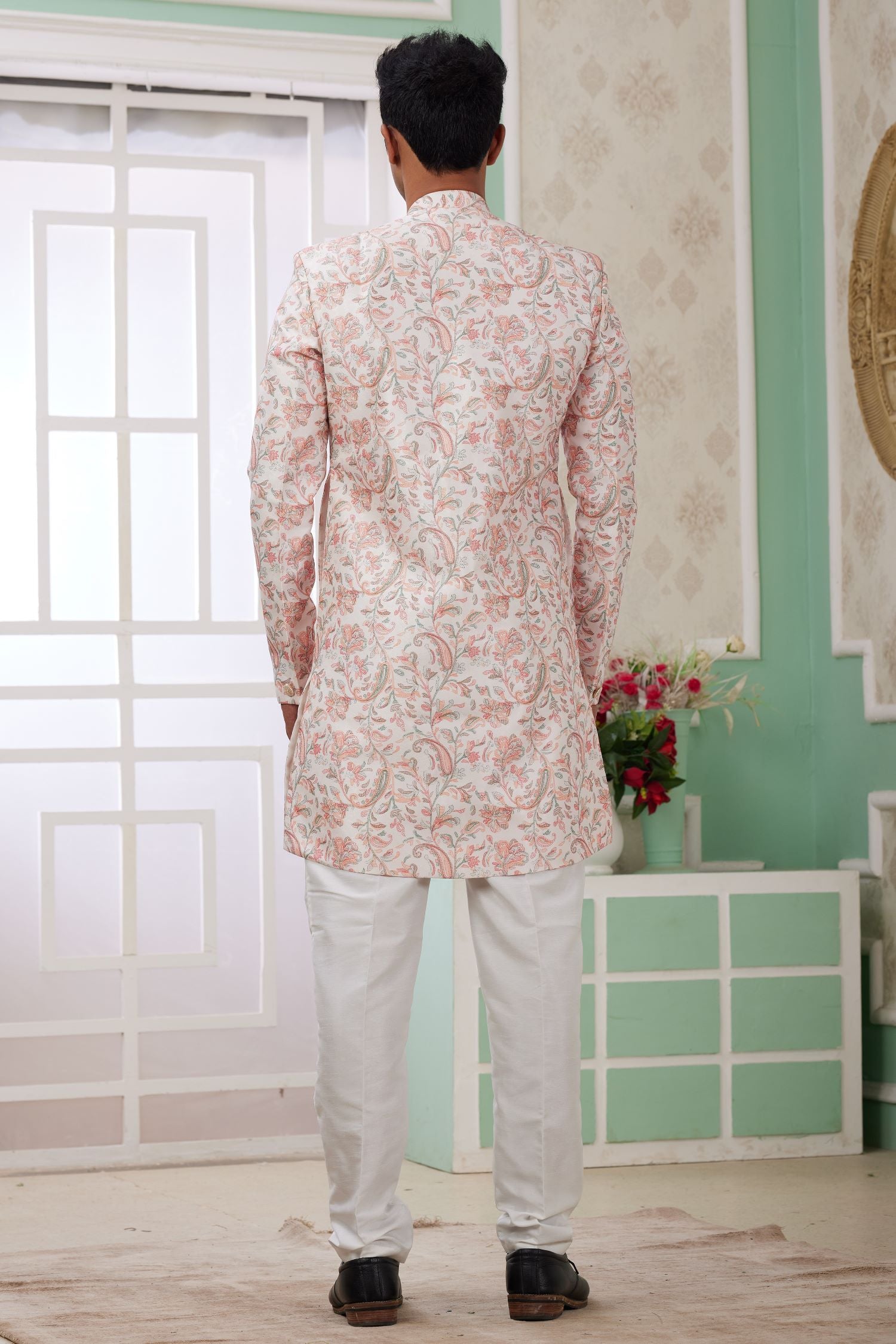 Pale Peach Jacquard Silk Men's Indo Western Clothing with Embroidery Work