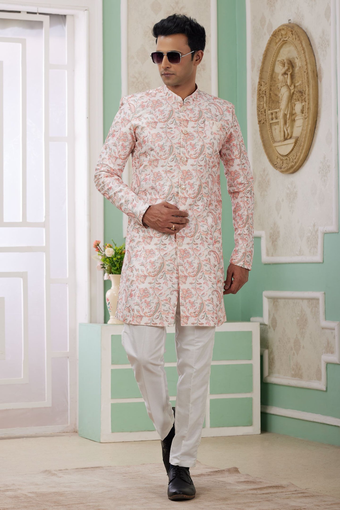 Pale Peach Jacquard Silk Men's Indo Western Clothing with Embroidery Work