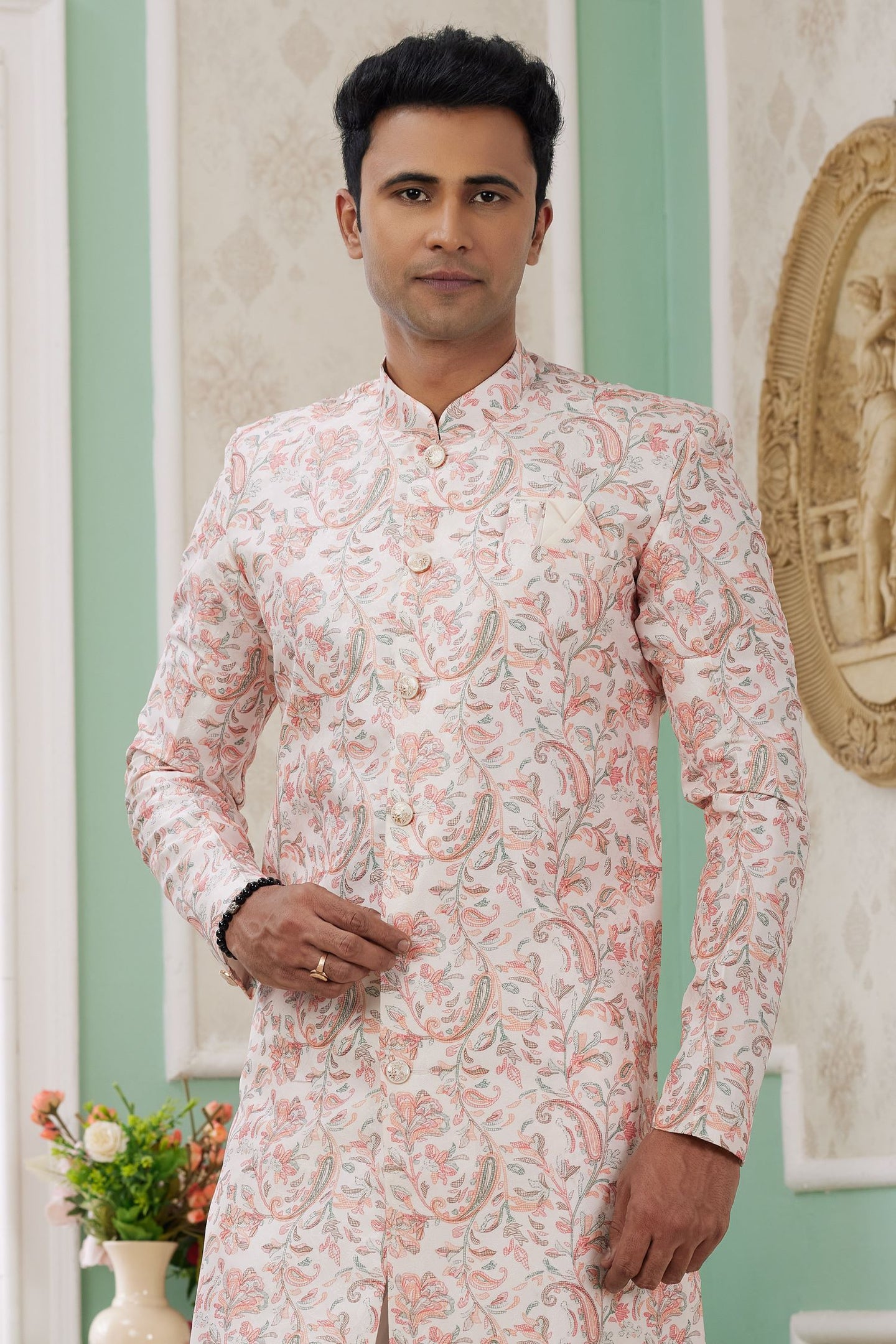 Pale Peach Jacquard Silk Men's Indo Western Clothing with Embroidery Work