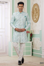 Ocean Blue Jacquard Silk Indo Western Clothes for Men with Weaving Work