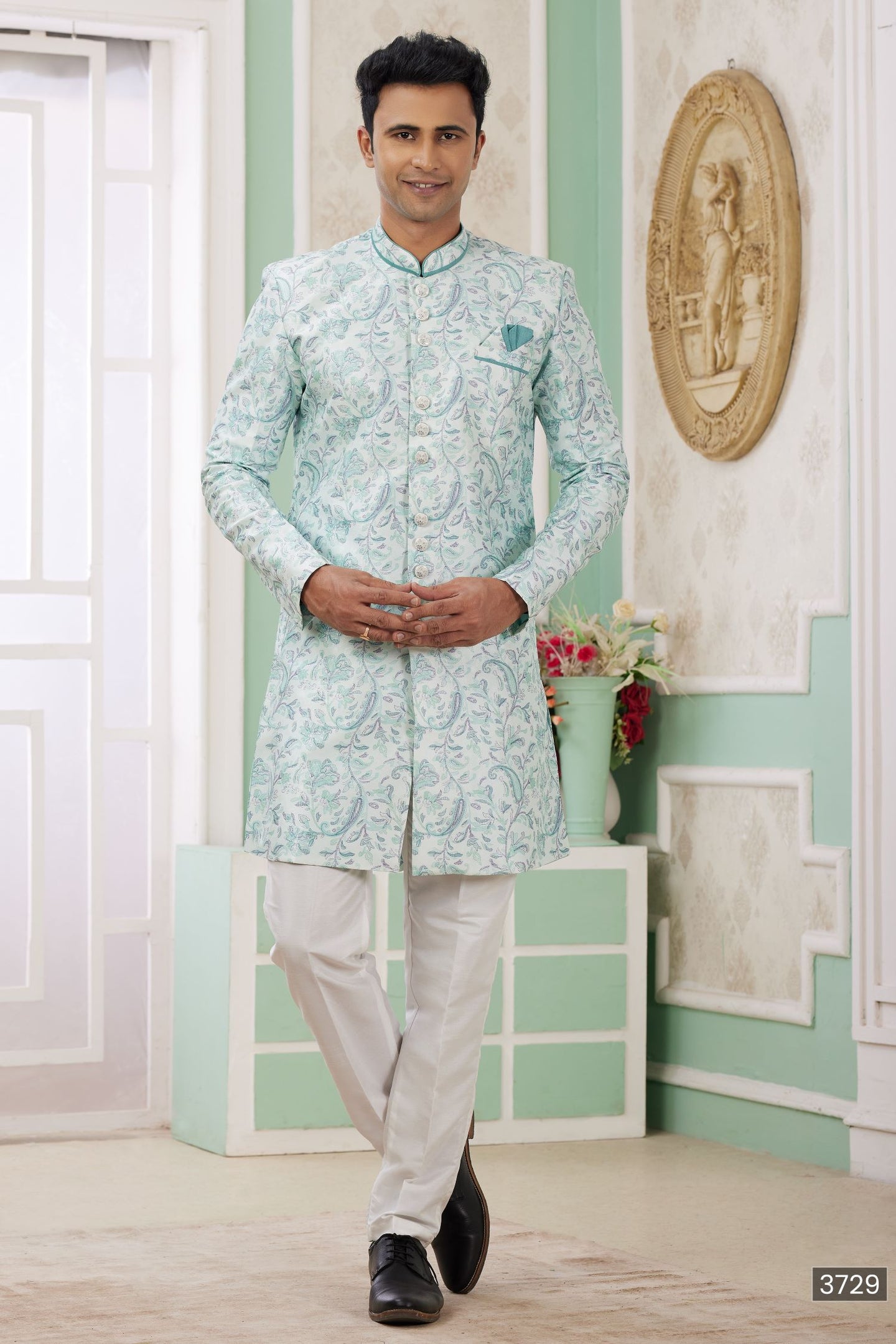 Ocean Blue Jacquard Silk Indo Western Clothes for Men with Weaving Work