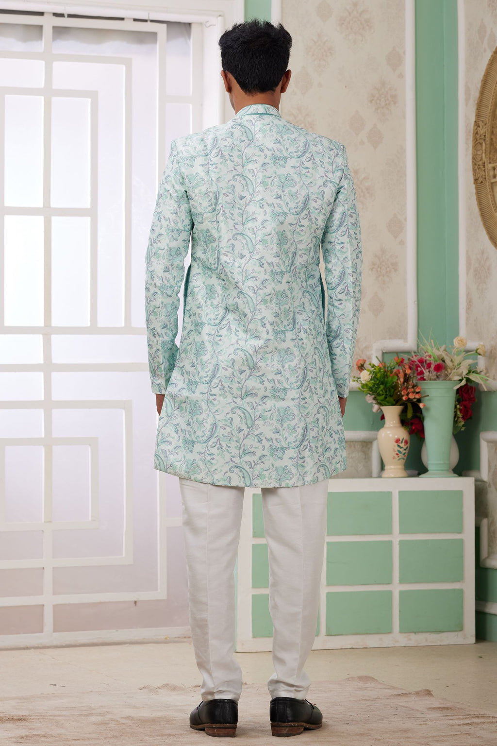 Ocean Blue Jacquard Silk Indo Western Clothes for Men with Weaving Work