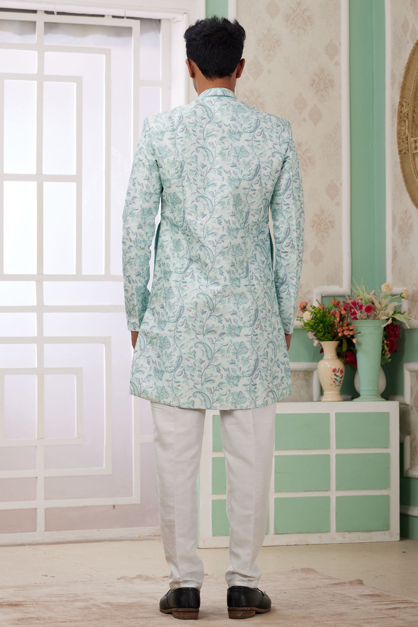 Ocean Blue Jacquard Silk Indo Western Clothes for Men with Weaving Work
