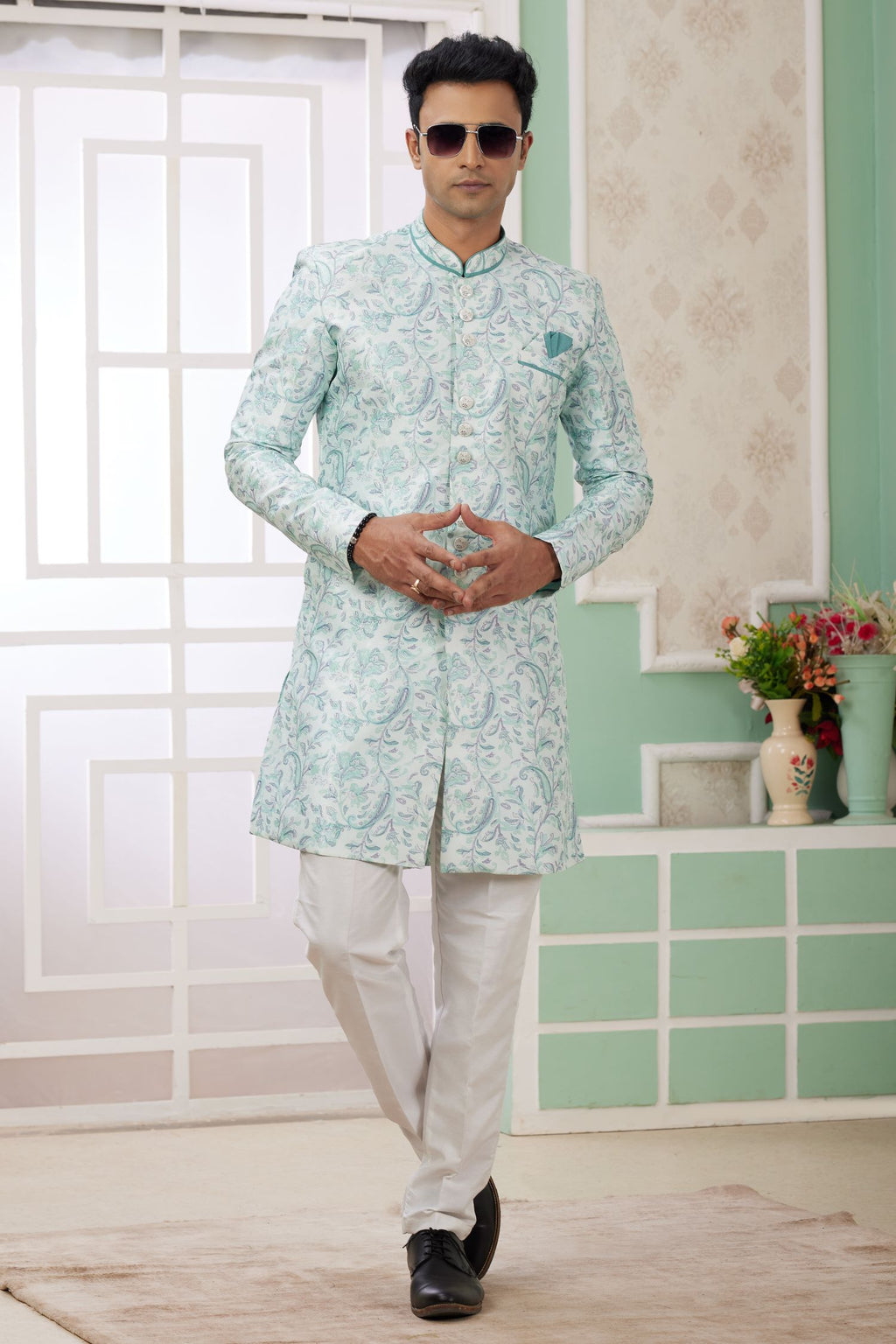 Ocean Blue Jacquard Silk Indo Western Clothes for Men with Weaving Work
