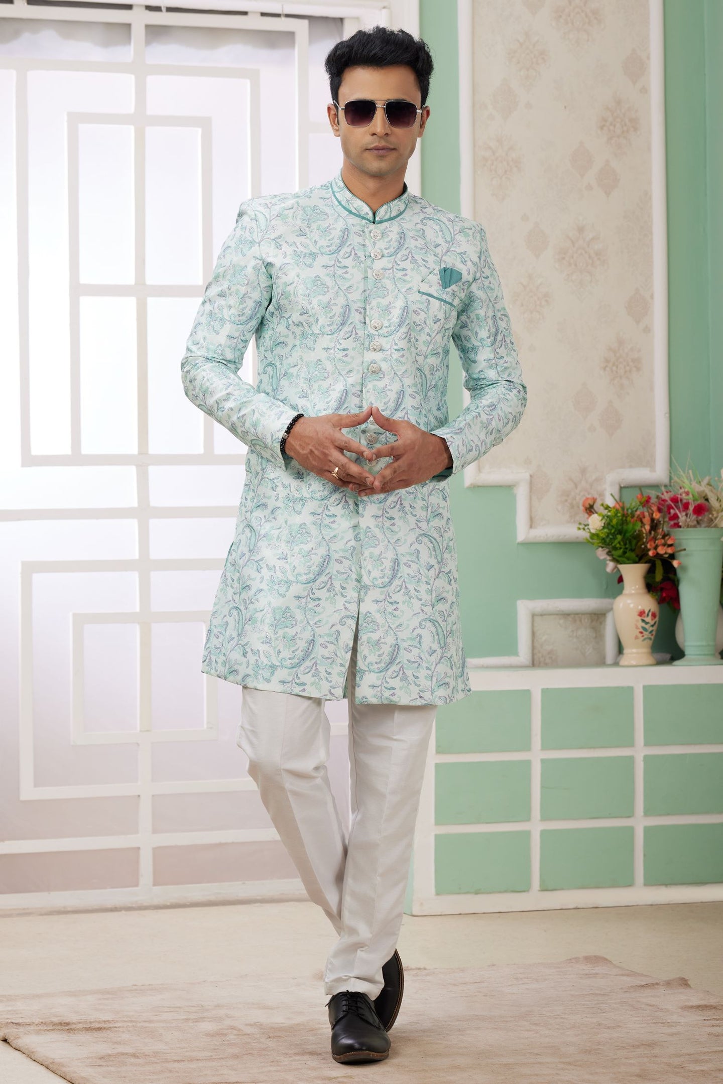 Ocean Blue Jacquard Silk Indo Western Clothes for Men with Weaving Work