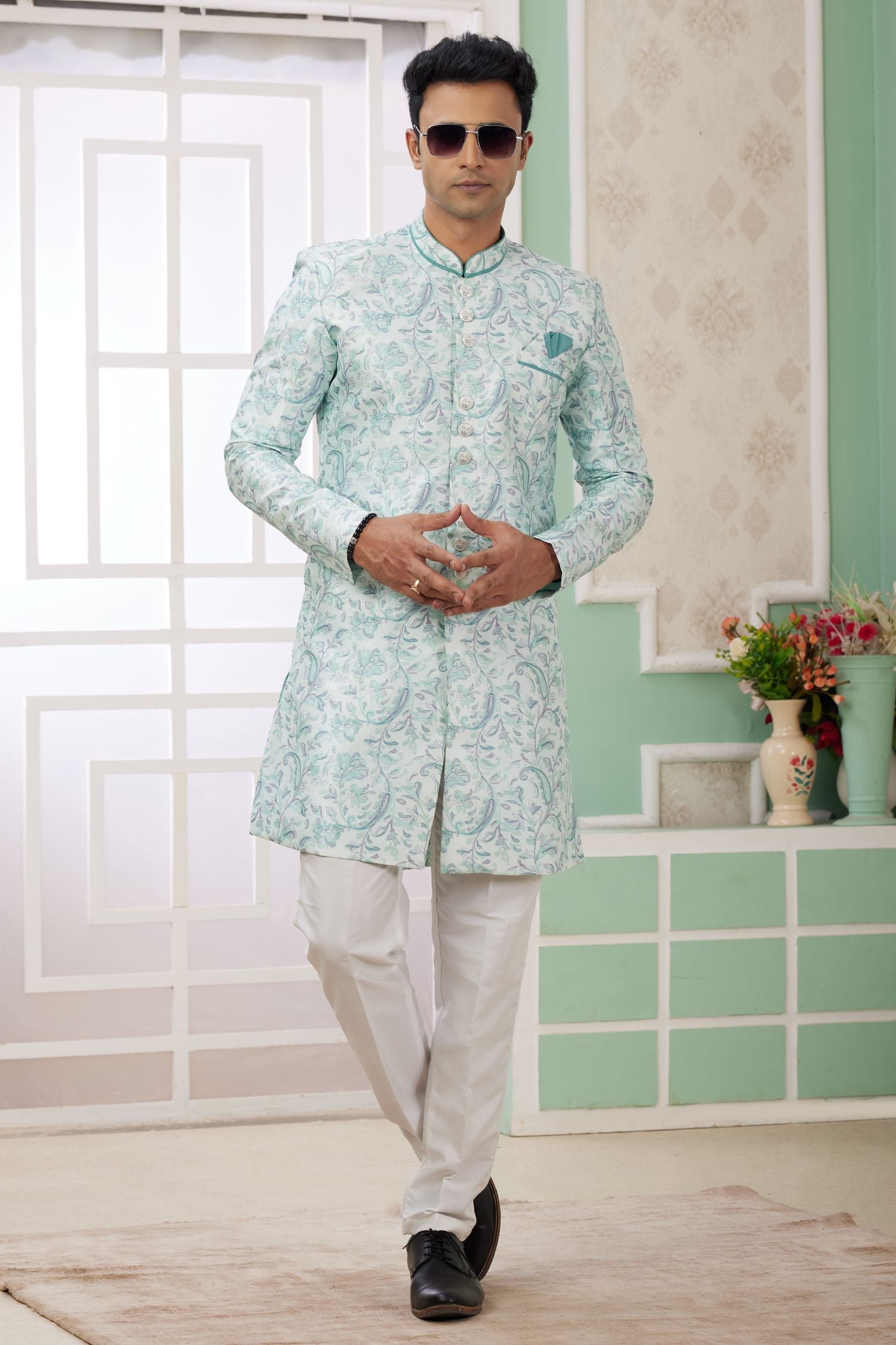 Ocean Blue Jacquard Silk Indo Western Clothes for Men with Weaving Work