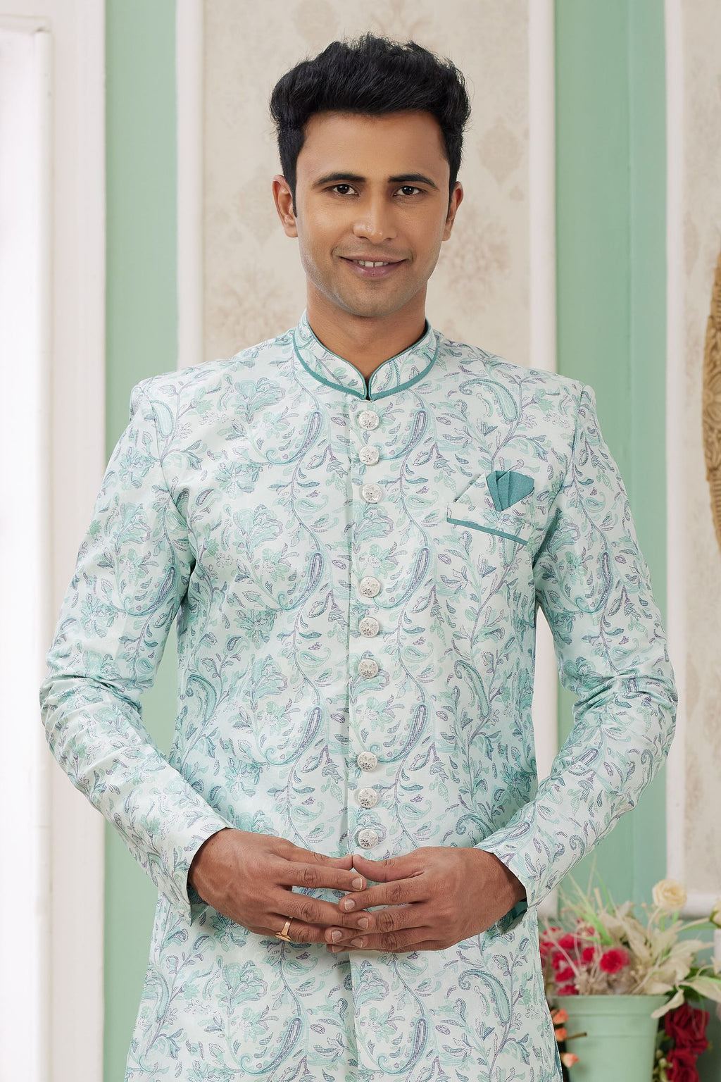 Ocean Blue Jacquard Silk Indo Western Clothes for Men with Weaving Work