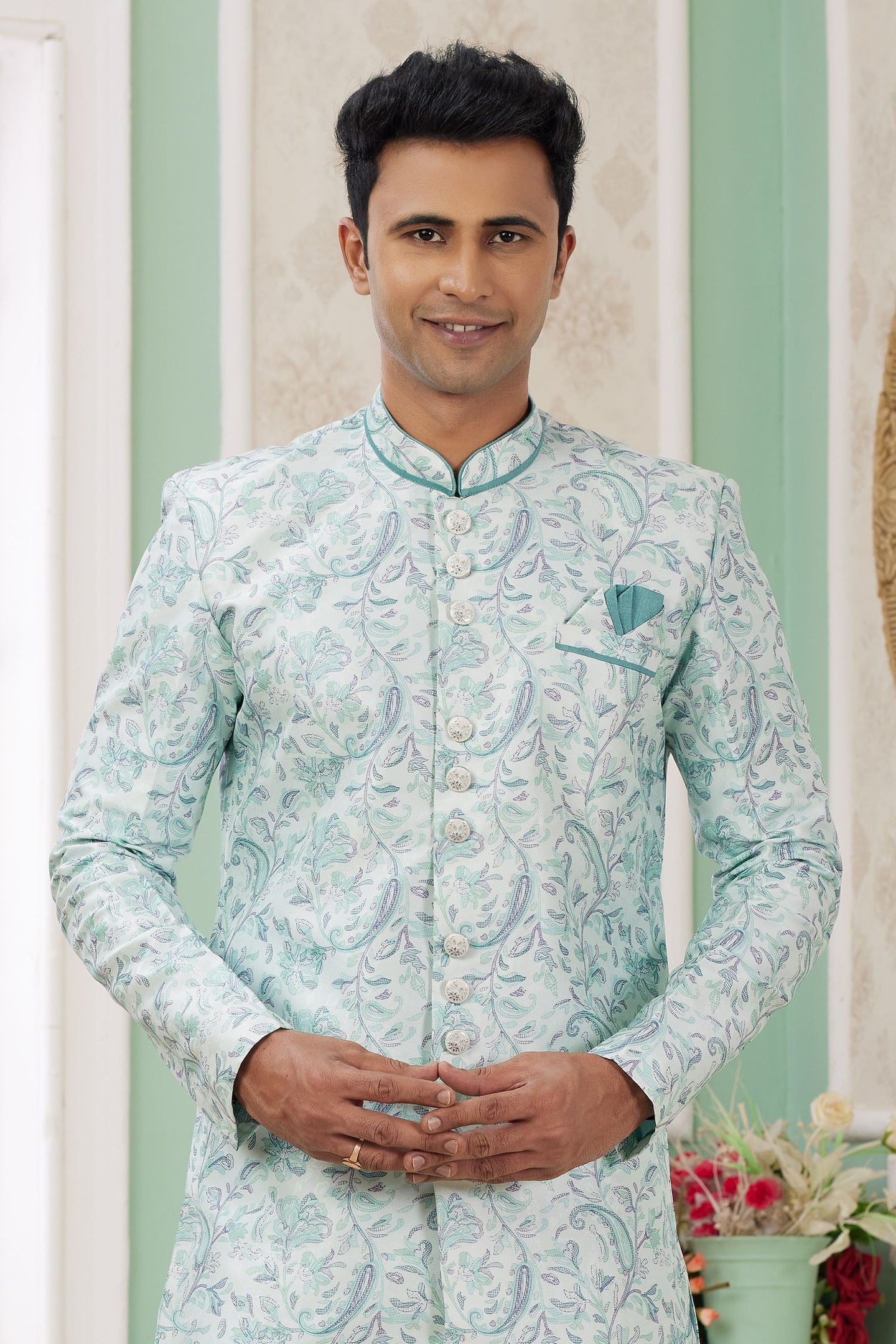 Ocean Blue Jacquard Silk Indo Western Clothes for Men with Weaving Work
