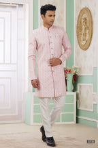 Peach Beige Jacquard Silk Indo Western Clothes for Men with Weaving Work