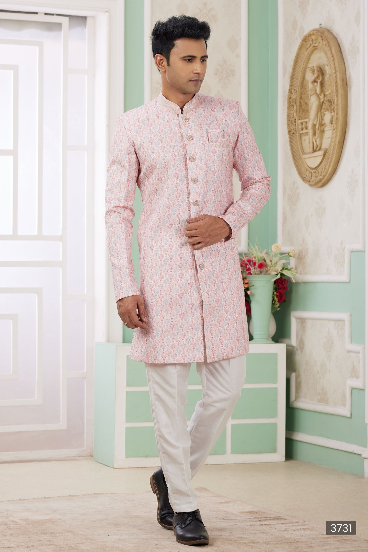 Peach Beige Jacquard Silk Indo Western Clothes for Men with Weaving Work
