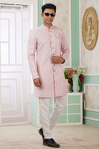 Peach Beige Jacquard Silk Indo Western Clothes for Men with Weaving Work