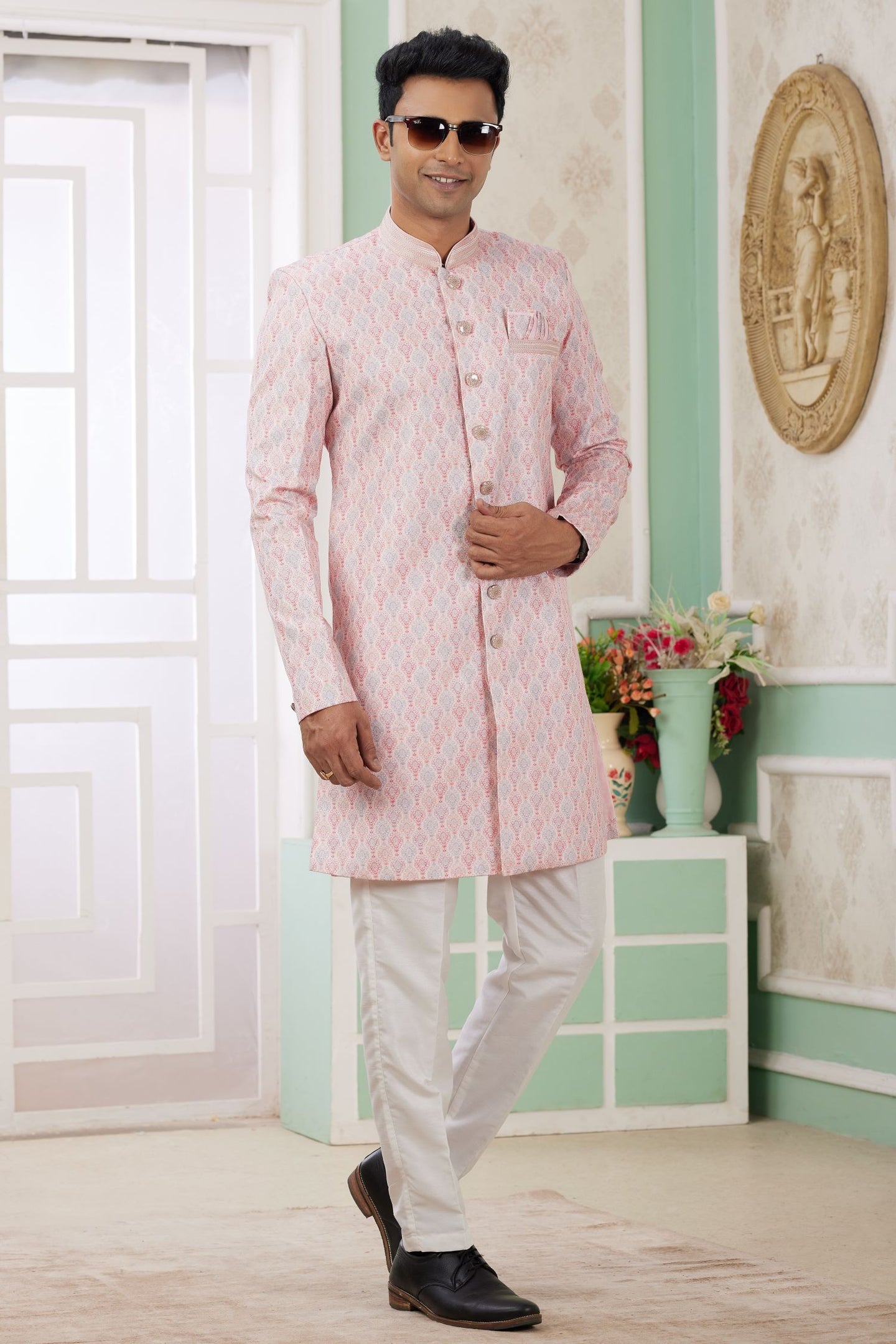 Peach Beige Jacquard Silk Indo Western Clothes for Men with Weaving Work