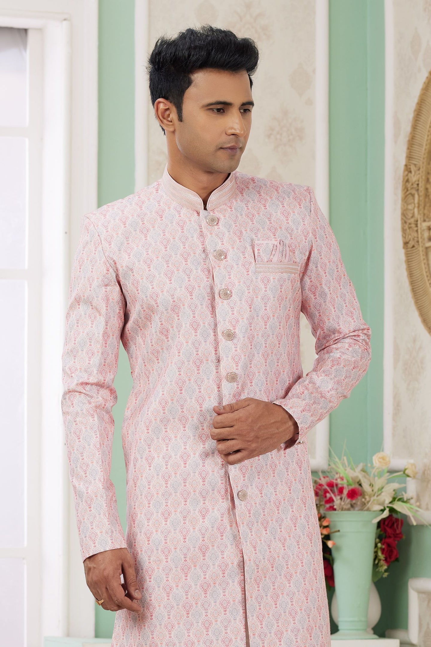 Peach Beige Jacquard Silk Indo Western Clothes for Men with Weaving Work
