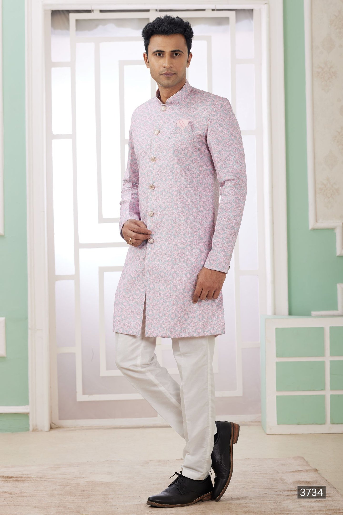 Pinkish Lavender Jacquard Silk Indo Western Clothes for Men with Weaving Work