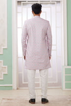 Pinkish Lavender Jacquard Silk Indo Western Clothes for Men with Weaving Work