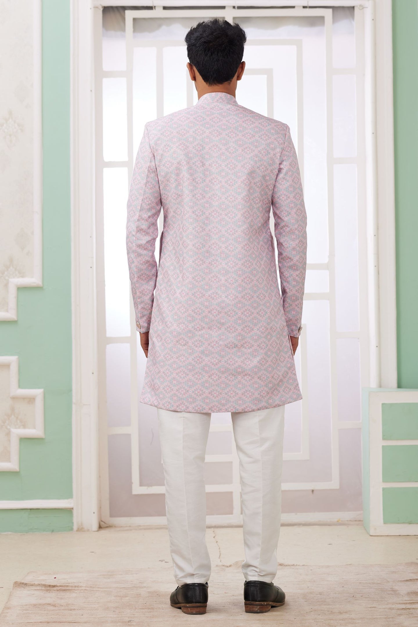 Pinkish Lavender Jacquard Silk Indo Western Clothes for Men with Weaving Work