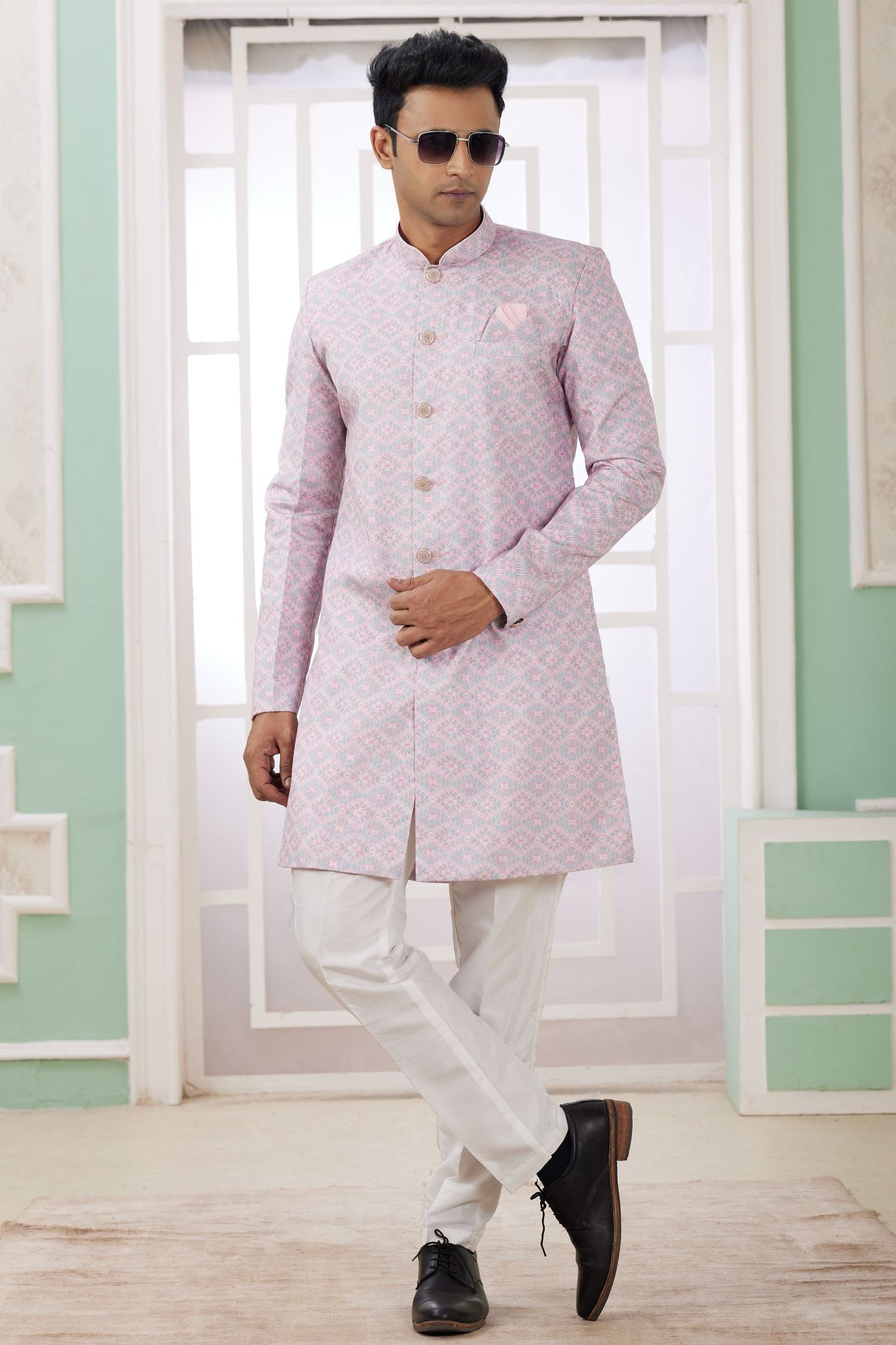 Pinkish Lavender Jacquard Silk Indo Western Clothes for Men with Weaving Work