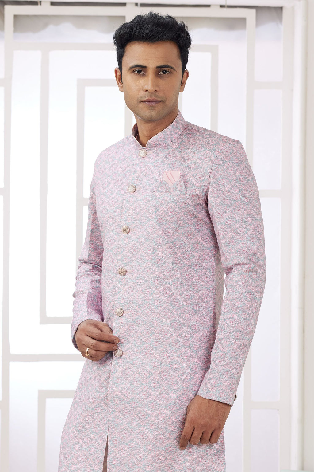 Pinkish Lavender Jacquard Silk Indo Western Clothes for Men with Weaving Work