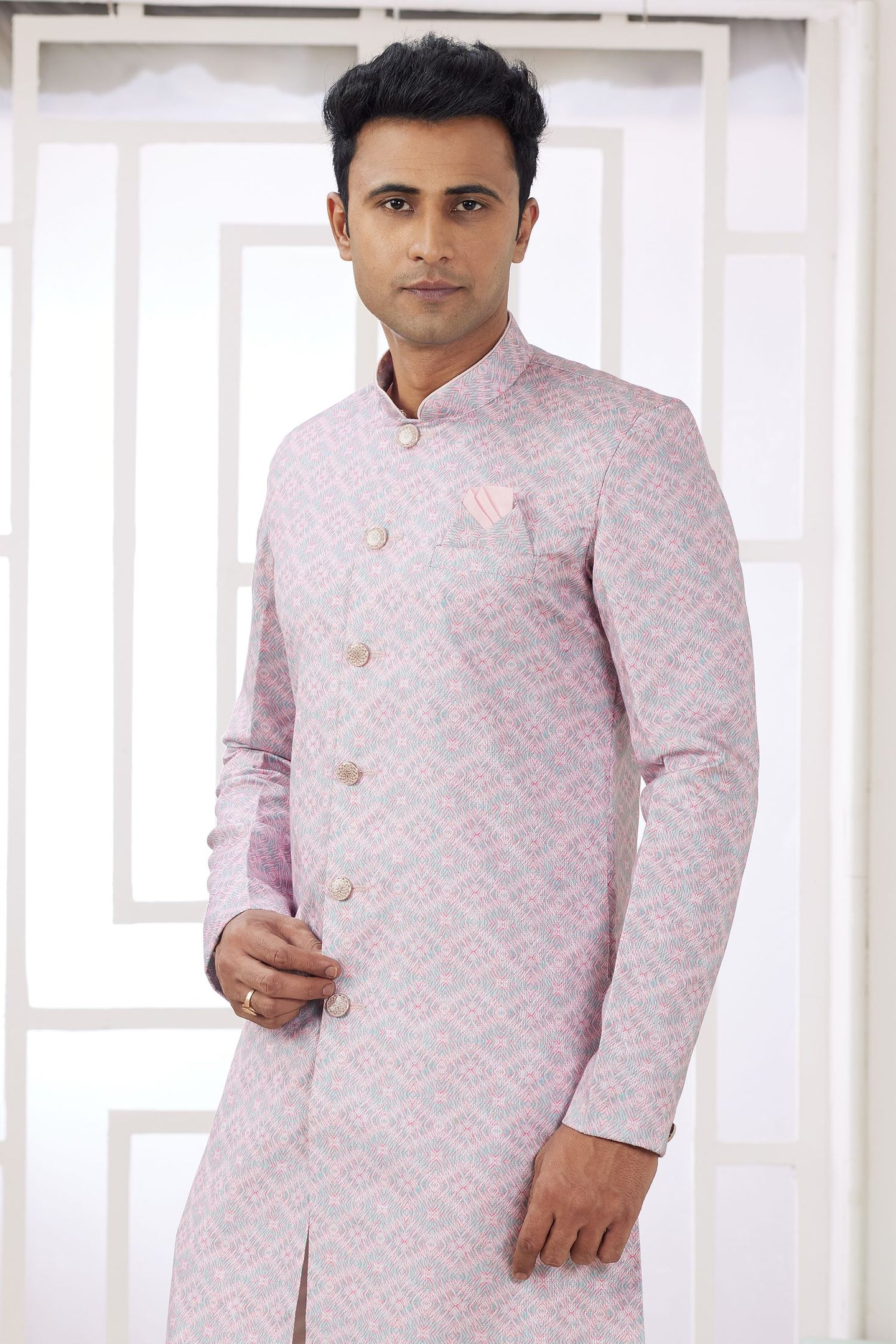 Pinkish Lavender Jacquard Silk Indo Western Clothes for Men with Weaving Work
