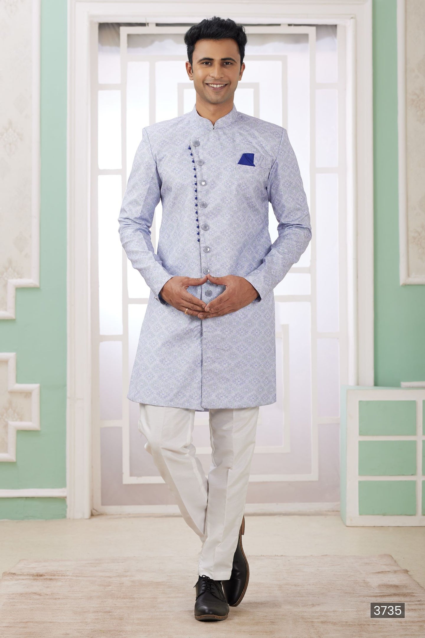 Dusty Purple Jacquard Silk Gents Indo Western with Embroidery