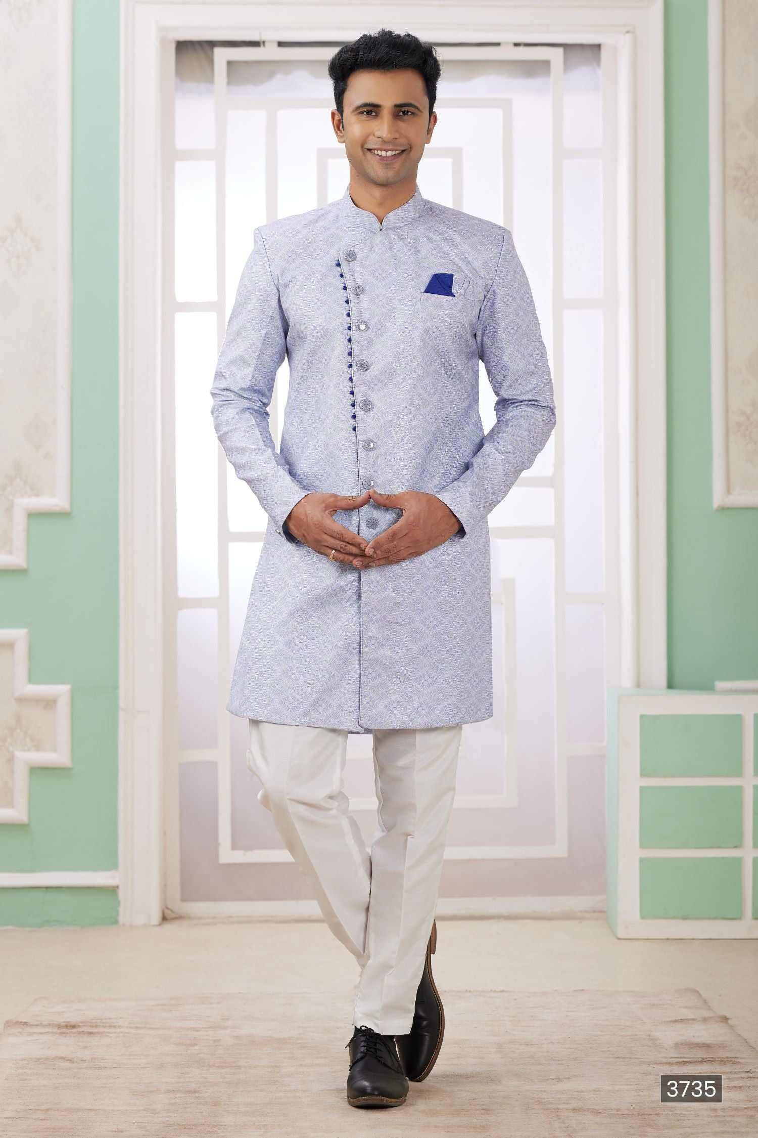 Dusty Purple Jacquard Silk Gents Indo Western with Embroidery