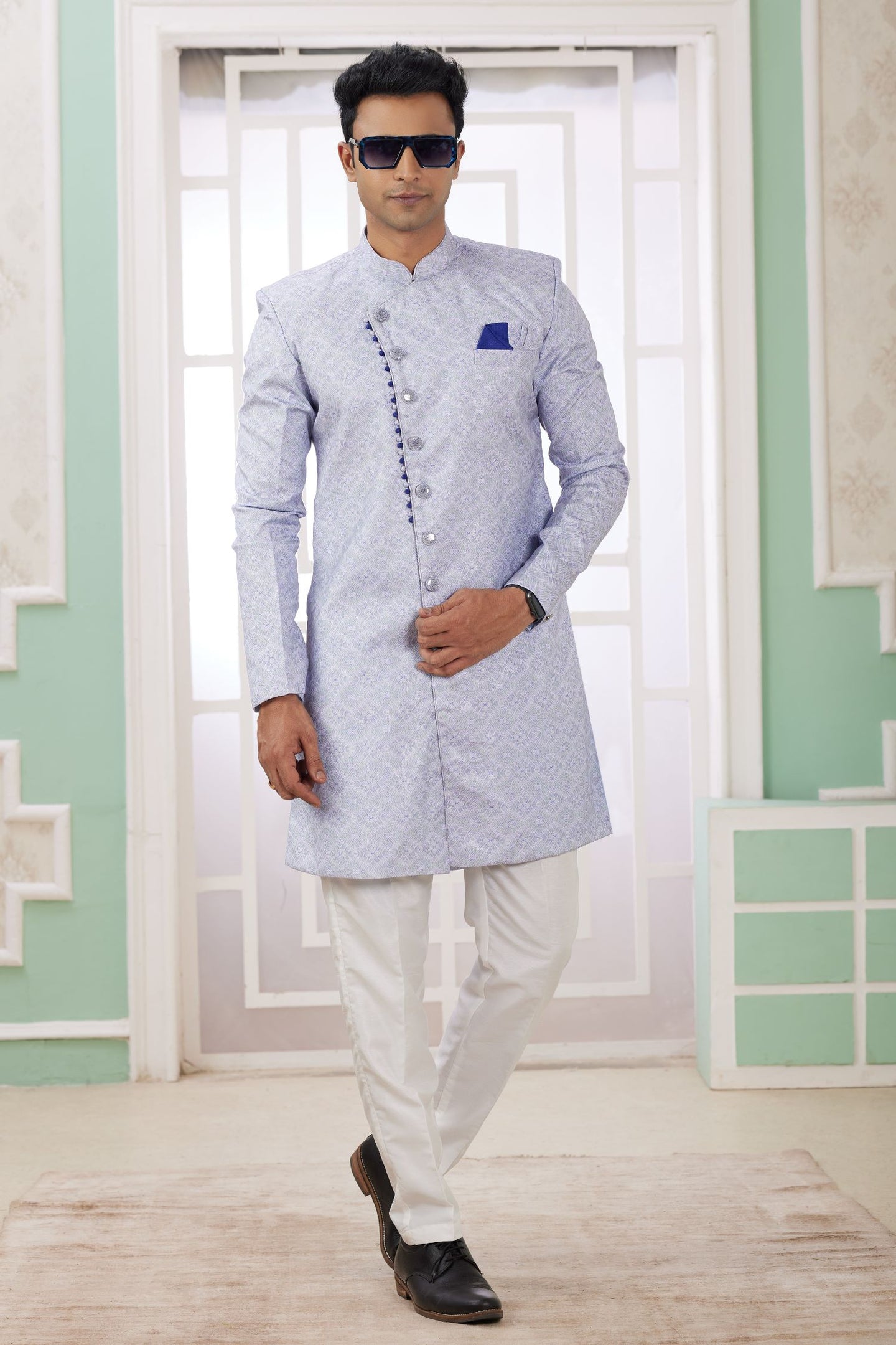Dusty Purple Jacquard Silk Gents Indo Western with Embroidery