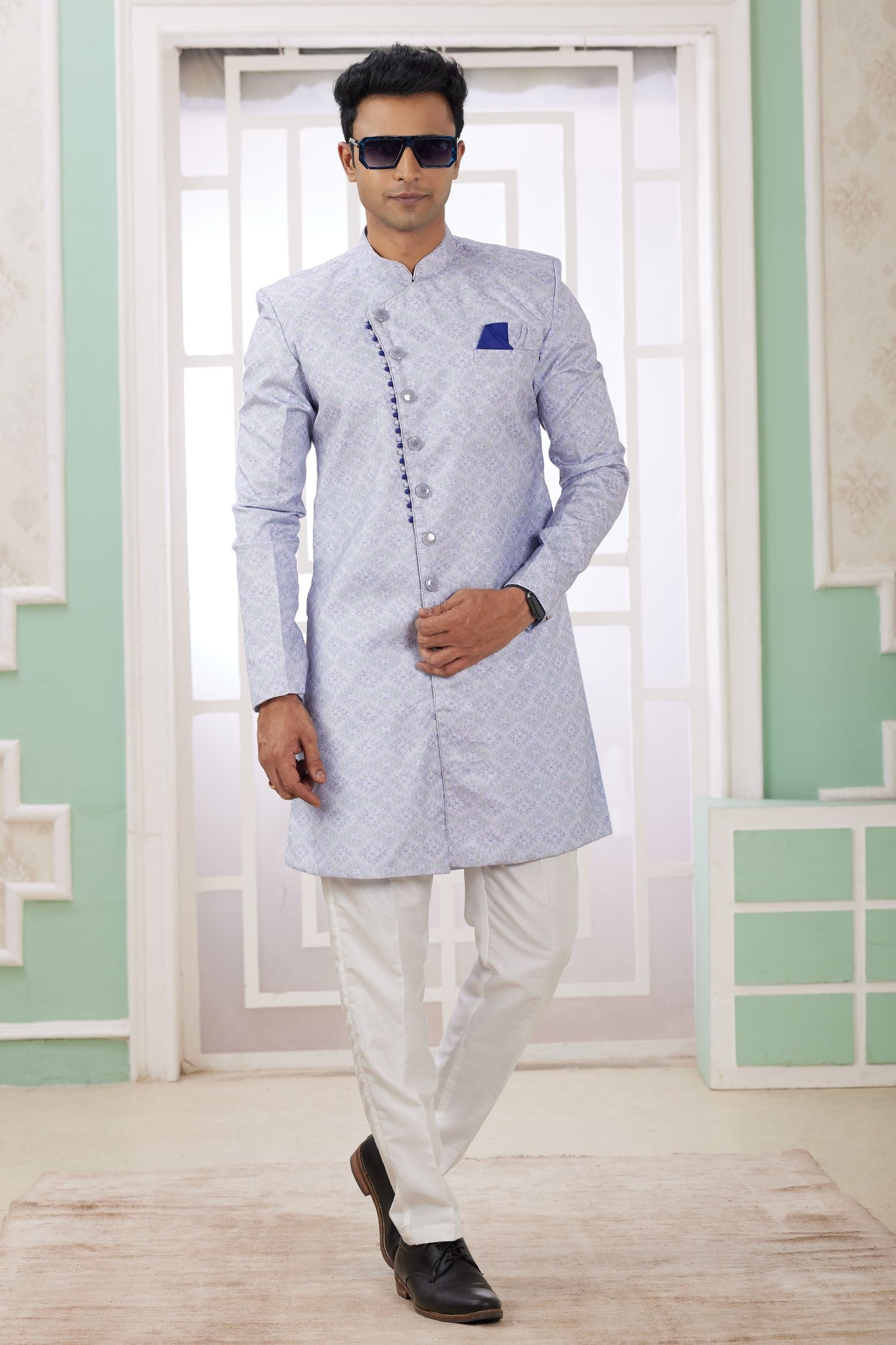 Dusty Purple Jacquard Silk Gents Indo Western with Embroidery