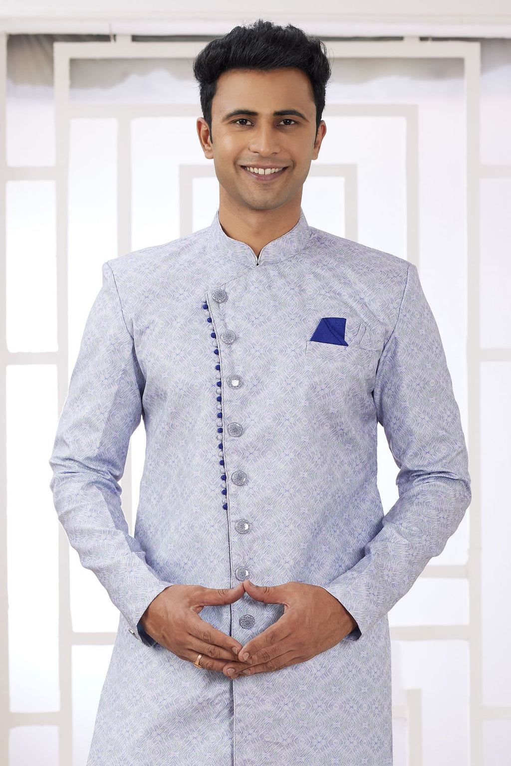 Dusty Purple Jacquard Silk Gents Indo Western with Embroidery
