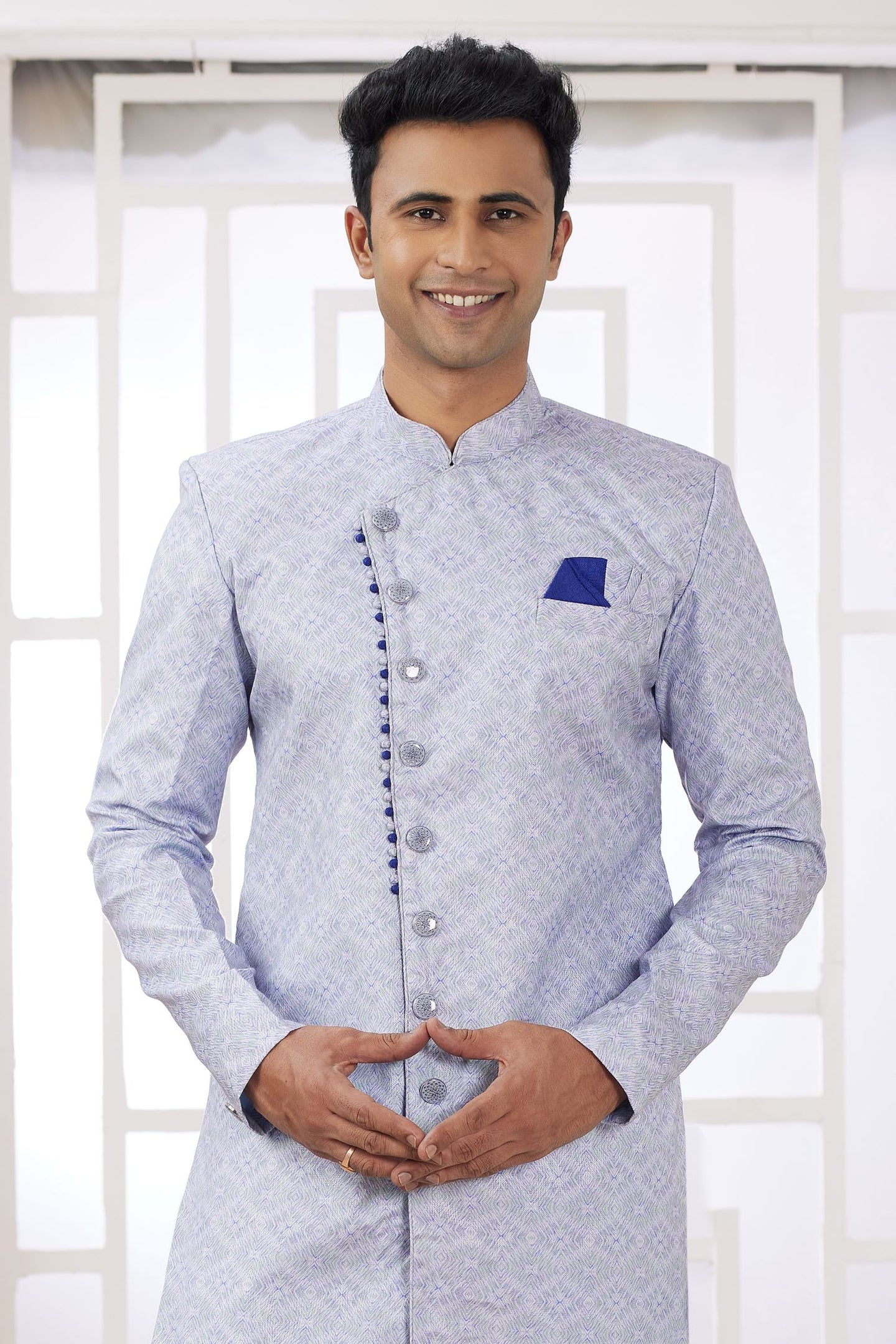 Dusty Purple Jacquard Silk Gents Indo Western with Embroidery