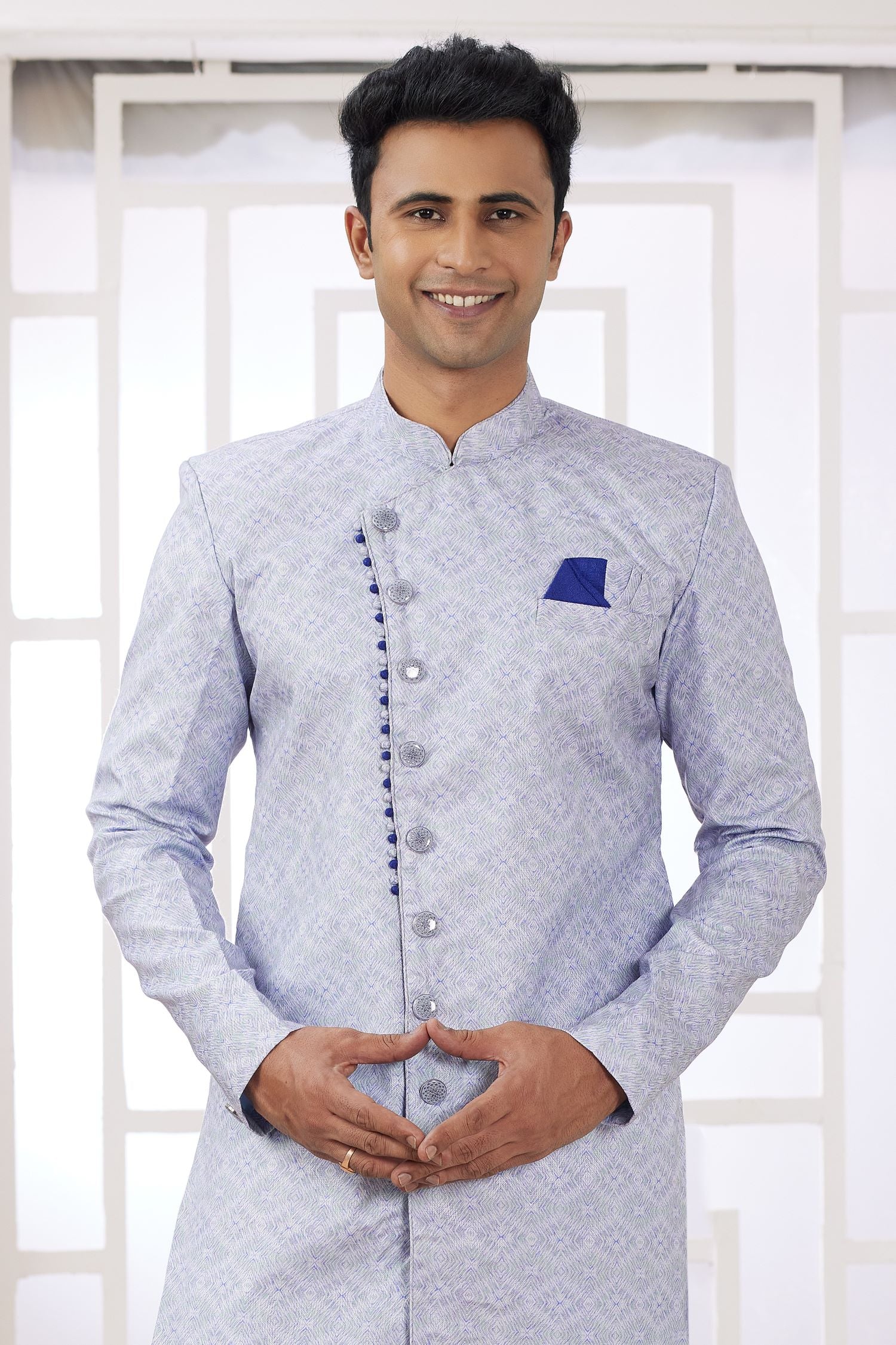 Dusty Purple Jacquard Silk Gents Indo Western with Embroidery