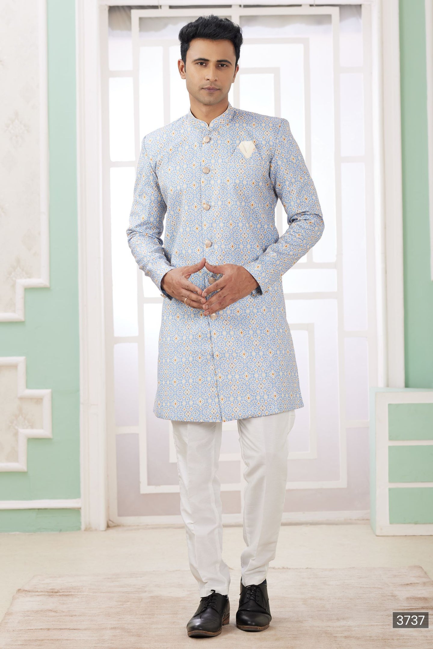 Blue Gray Jacquard Silk Embroidery Indo Western for Male