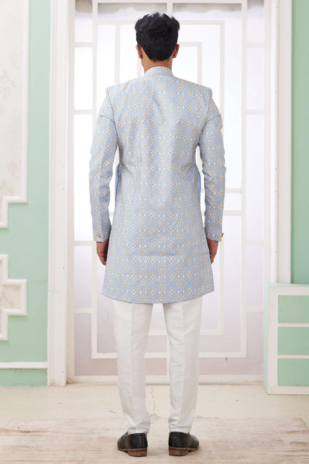 Blue Gray Jacquard Silk Embroidery Indo Western for Male