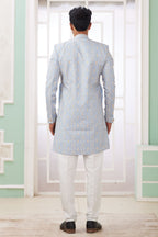 Blue Gray Jacquard Silk Embroidery Indo Western for Male