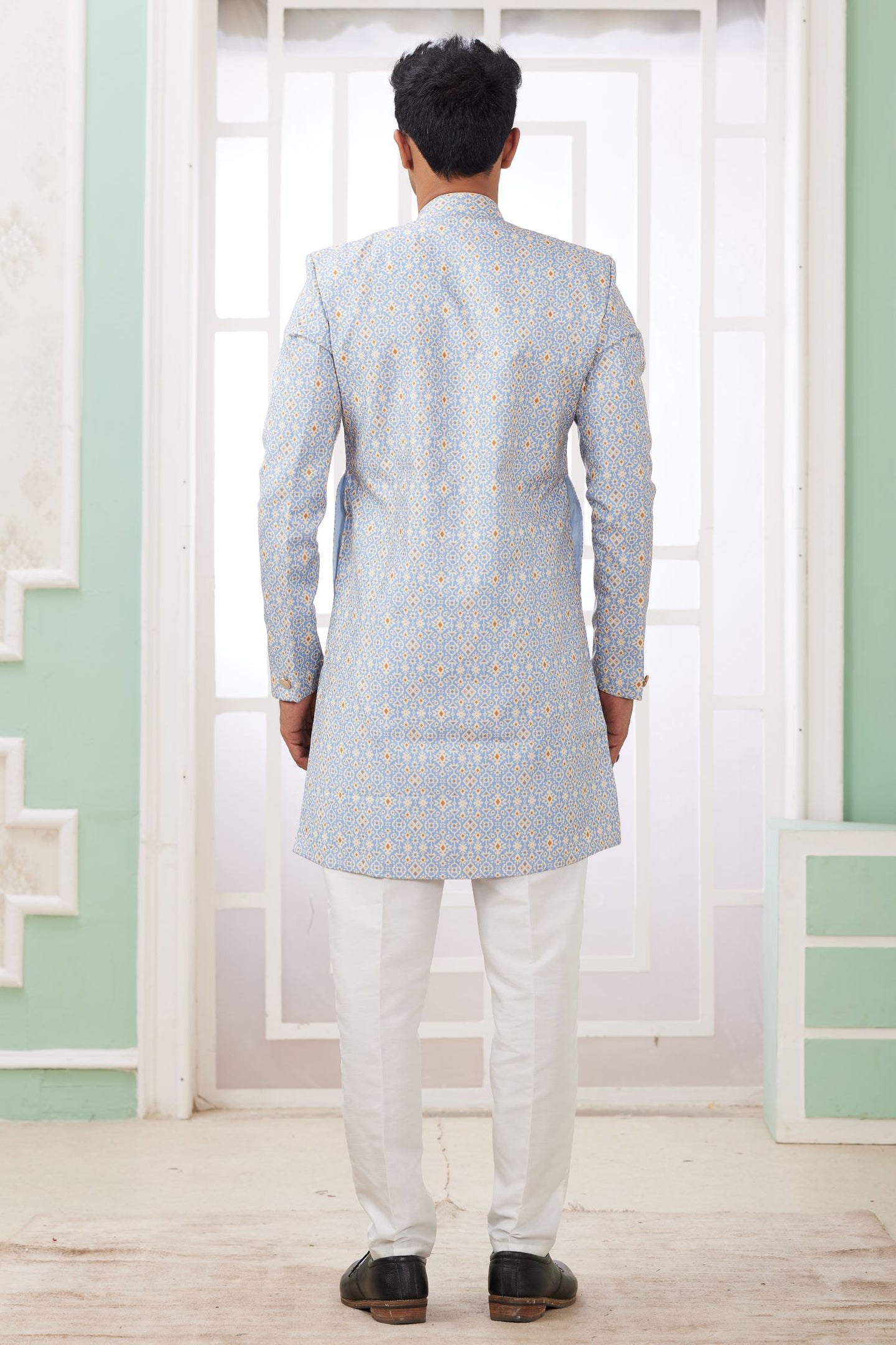 Blue Gray Jacquard Silk Embroidery Indo Western for Male