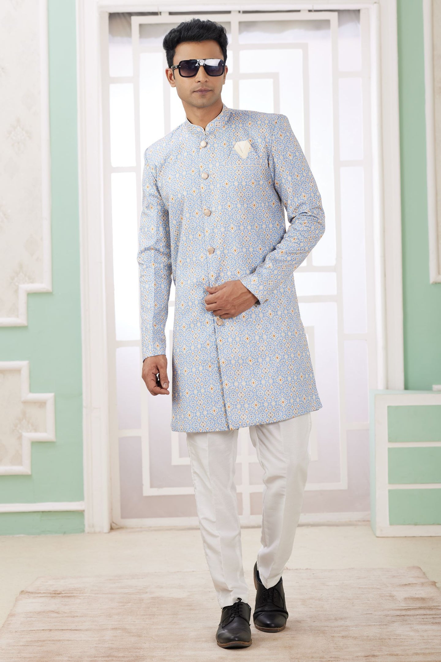 Blue Gray Jacquard Silk Embroidery Indo Western for Male