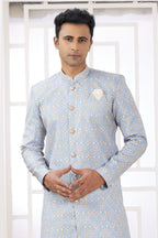 Blue Gray Jacquard Silk Embroidery Indo Western for Male