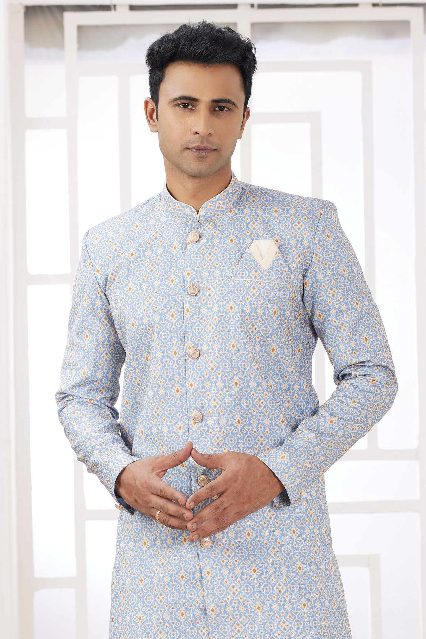 Blue Gray Jacquard Silk Embroidery Indo Western for Male