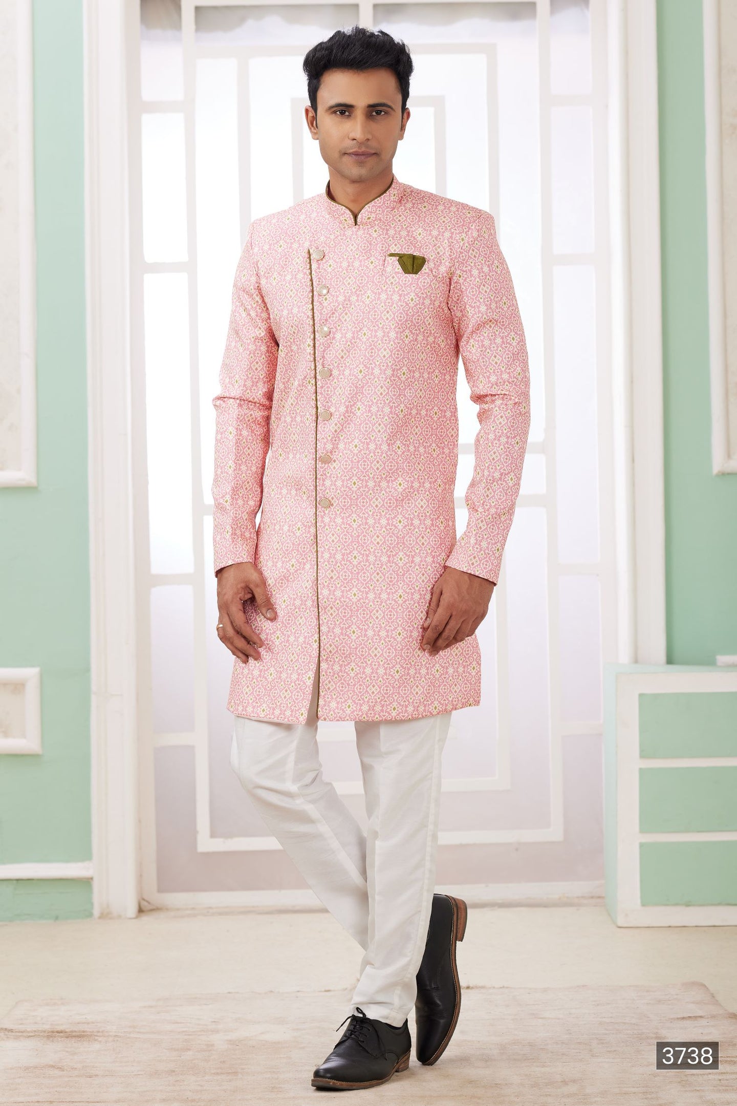 Pink Jacquard Silk Indo Western for Male with Embroidery Work